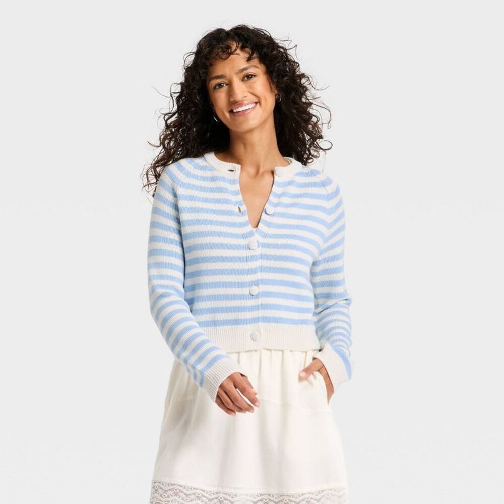 Women's Crewneck Cotton Cardigan - Universal Thread Blue Striped L